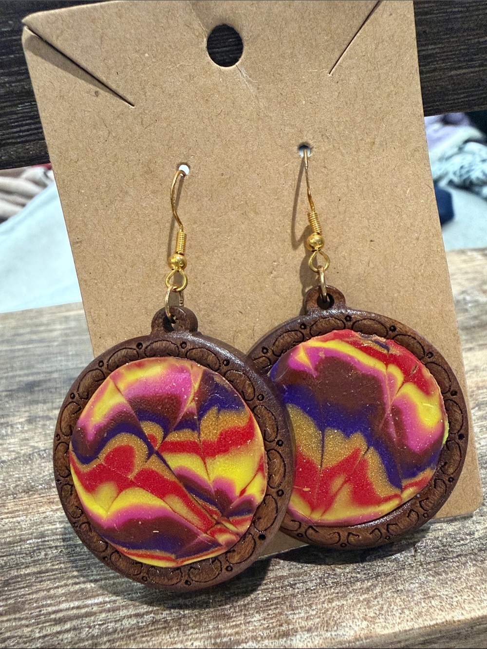 Handcrafted Multicolor Swirl Wooden Dangle Earrings - Gold Hooks